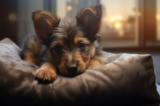 Ein Welpe ruht sich auf einem gemütlichen Haustierbett in einem dafür vorgesehenen Hundebereich im Büro aus