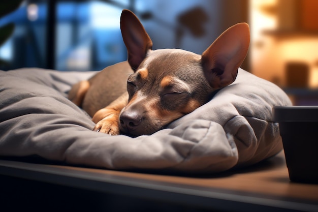 Ein Welpe ruht sich auf einem gemütlichen Haustierbett in einem dafür vorgesehenen Hundebereich im Büro aus