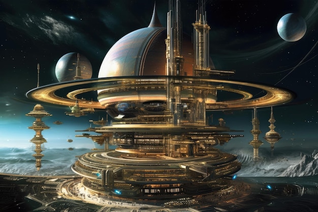 Ein Weltraumhafen auf dem Saturn, der mit generativer KI-Technologie erstellt wurde