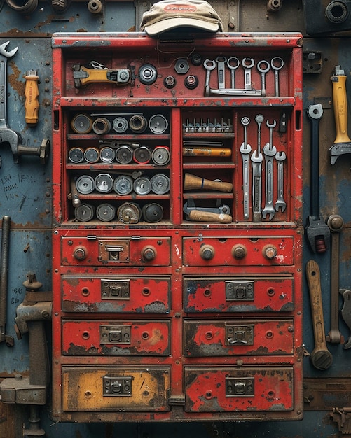 Foto ein werkzeugkasten für mechaniker mit steckdosen, schraubenschlüsseln, tapeten