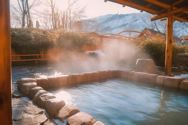 Foto ein whirlpool in einem whirlpool mit einem berg im hintergrund