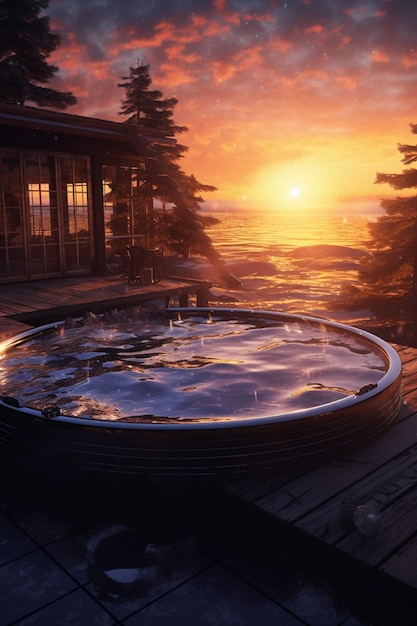 Ein Whirlpool mit Blick auf den Sonnenuntergang.