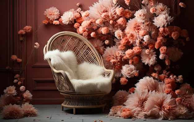 ein Wickelstuhl mit einem weißen Pelzhut sitzt vor einer Wand mit Blumen.