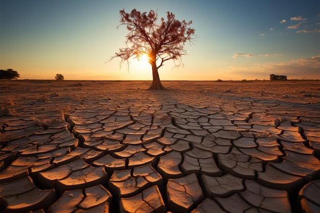Ein widerstandsfähiger Baum inmitten rissiger Erde weist darauf hin, dass sich der Klimawandel auf die globale Erwärmung durch Wasserknappheit auswirkt