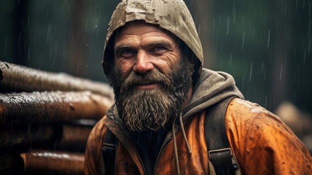 Ein widerstandsfähiger Holzfäller, der im Regen arbeitet, zeigt seine Hingabe