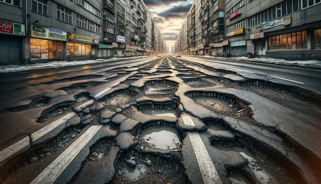Ein Wideview-Bild einer Stadtstraße in sehr schlechtem Zustand, voller Schlaglöcher und beschädigter Asphalt