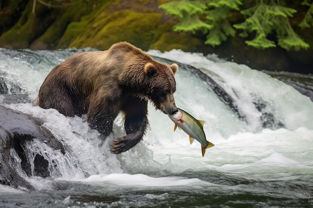 Foto ein wilder brauner grizzlybär aus alaska angelt lachs bei einem wasserfall