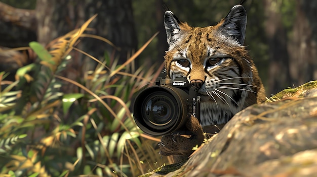 Foto ein wilder fuchs macht ein foto von dem fotografen. der fuchs sitzt hinter einem baum, perfekt getarnt.