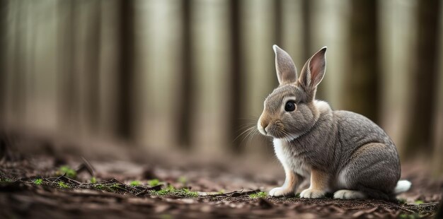 Ein wilder grauer Hase mit großen Ohren in einem frühlingsfrischen grünen Wald Frühlingsbaby-Osterkaninchen