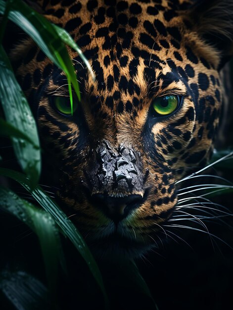 Ein wildes Jaguargesicht, das aus dem dichten Dschungel hervorgeht Rich Green Hyper-realistische Illustration Photo Art