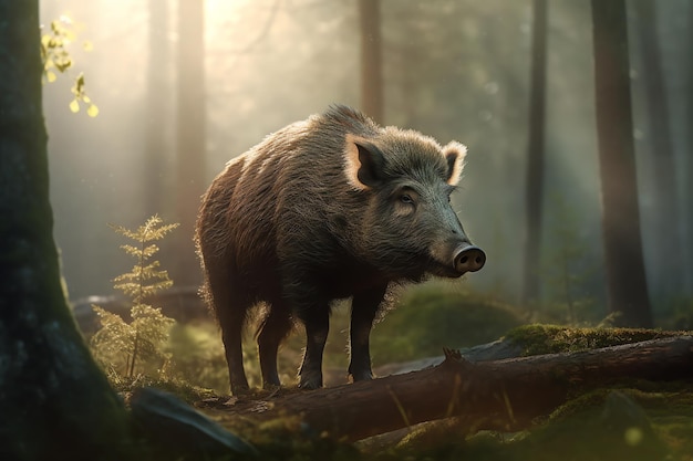 Ein Wildschwein im Wald, auf das die Sonne scheint