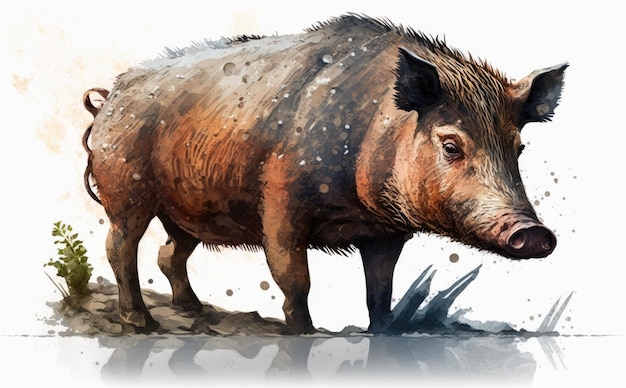 Ein Wildschwein im weißen Hintergrund. aquarellillustrationen für kinder im cartoon-stil ai generiert