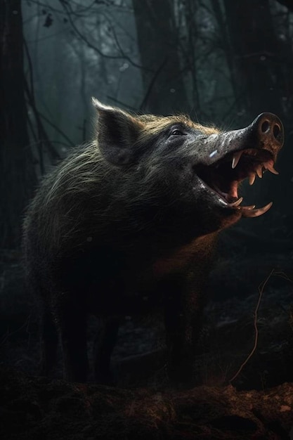 Ein Wildschwein in einem dunklen Wald mit dunklem Hintergrund und einem großen Maul und einer großen Nase.