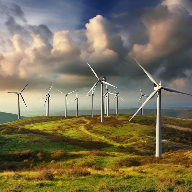 Ein Windpark liegt auf einem Hügel mit einem bewölkten Himmel im Hintergrund.