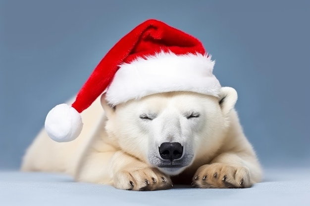 Ein Winter-Eisbär mit festlichem Weihnachtsmannhut und niedlichem Weihnachtstier