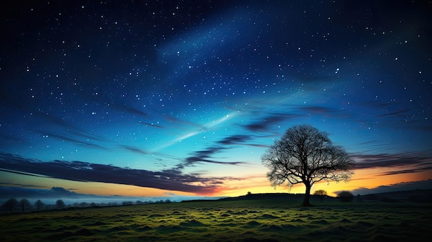 Ein Wintersonnenuntergang über einem Feld mit einem Baum und einem Himmelshintergrund