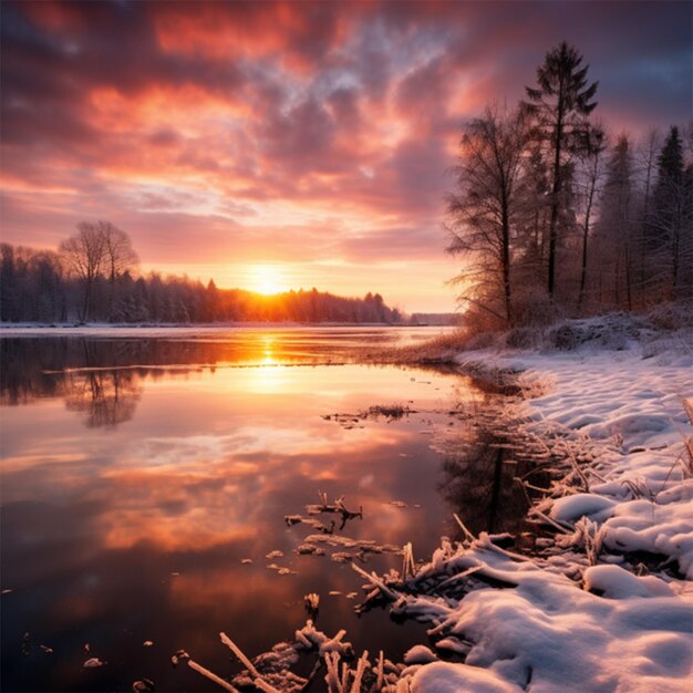 Foto ein wintersonnenuntergang über einem ruhigen see