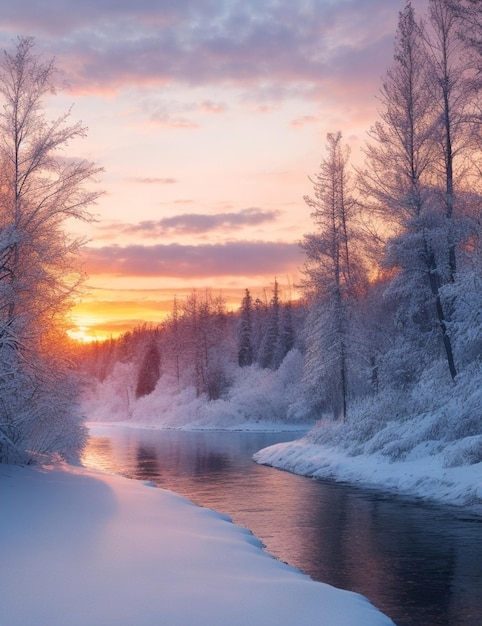 Ein Winterwald mit einem Fluss bei Sonnenuntergang