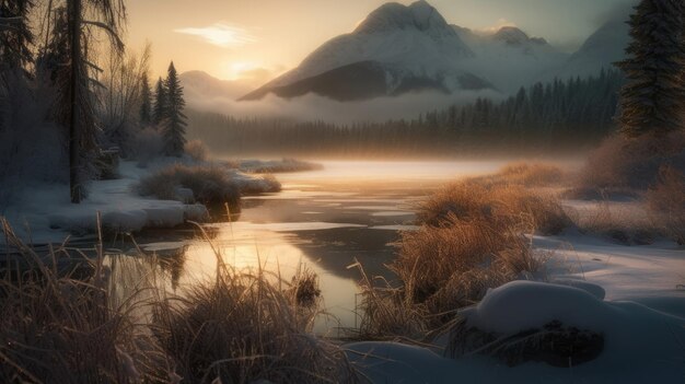 Ein Winterwunderland von oben mit einem zugefrorenen See