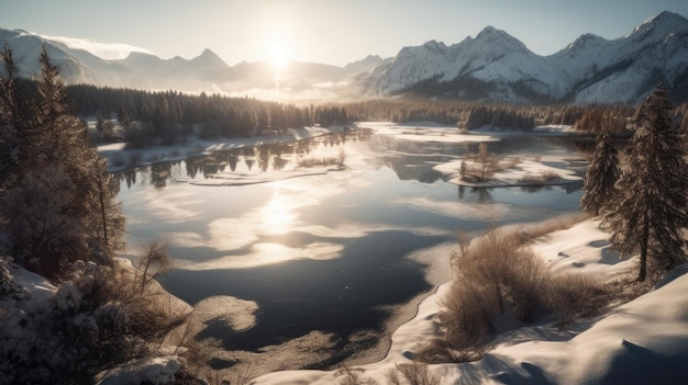 Ein Winterwunderland von oben mit einem zugefrorenen See