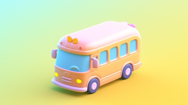 ein winziger 3D-Pastellbus, der Niedlichkeit und Charme verkörpert. Dieser winzige Bus ist eine entzückende Ergänzung für jede Sammlung und lädt Sie ein, eine Welt zu erkunden, in der selbst die kleinsten Dinge große Freude hervorrufen können