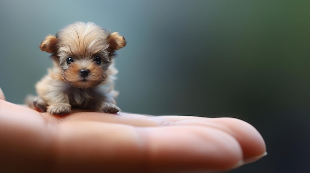 Ein winziger Hund sitzt auf der Spitze des Fingers und hat eine Makroschuss-Miniatur-Naturphänomene.
