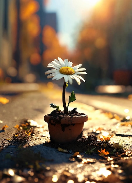 Ein winziger Lehmtopf voller Schmutz mit einer wunderschönen Gänseblümchen, die in der Herbstsonne glänzt.