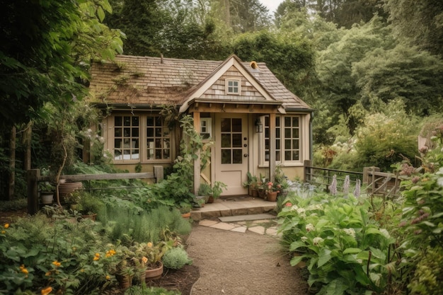 Ein winziges Haus, eingebettet in einen ruhigen Garten, der mit generativer KI geschaffen wurde