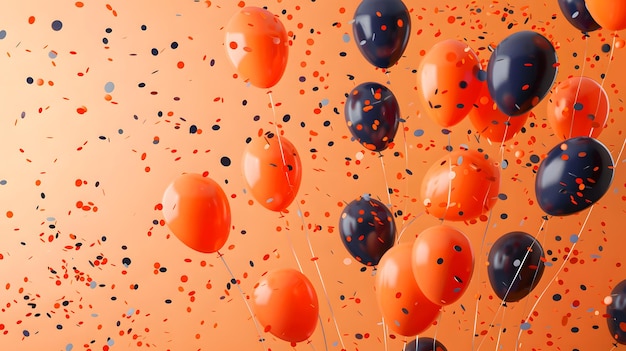 Foto ein wirbel aus orangefarbenen und blauen ballons und konfetti tanzen in der luft