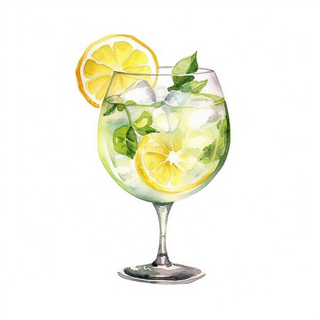 Foto ein wirbelndes glas limonade mit einfacher aquarellskizze und weißem hintergrund