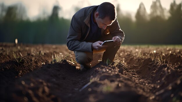 Foto ein wissenschaftler analysiert die bodenqualität auf einem landwirtschaftlichen feld