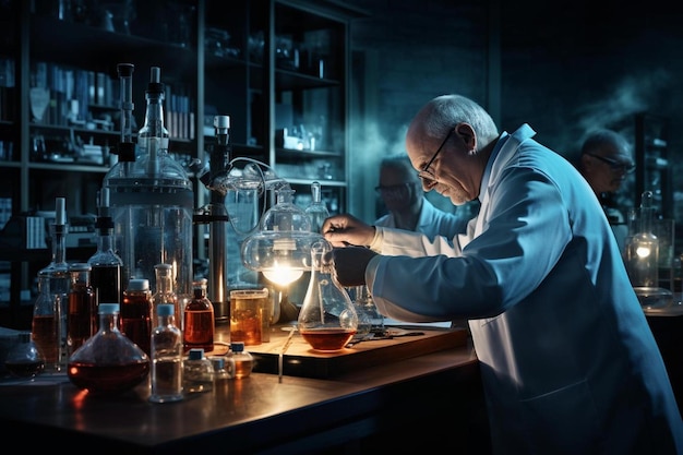Ein Wissenschaftler arbeitet in einem Labor mit vielen Flaschen mit Flüssigkeit.