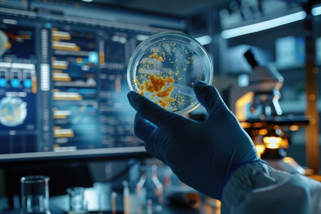 Ein Wissenschaftler hält eine Petri-Schüssel im Labor mit einem Monitor und einem Mikroskop im Hintergrund