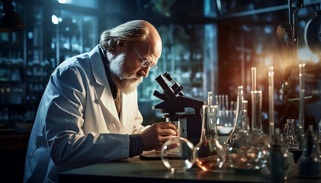 Ein Wissenschaftler in einem Labormantel beobachtet sorgfältig Proben durch ein Mikroskop in einem gut beleuchteten Labor