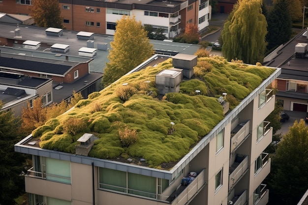 Foto ein wohngebäude mit einem grünen dach von oben aus