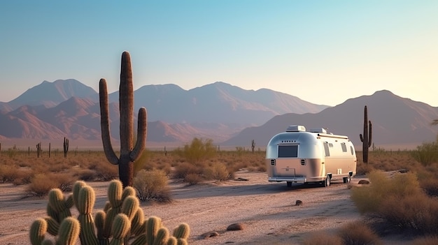Ein Wohnmobil, das mitten in einem generativen KI-Bild in der Wüste geparkt ist
