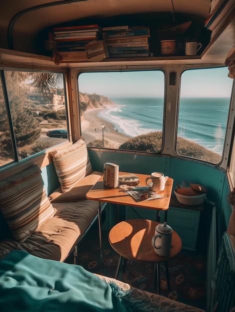 Ein Wohnmobil mit Tisch und Stühlen mit Blick auf das Meer.