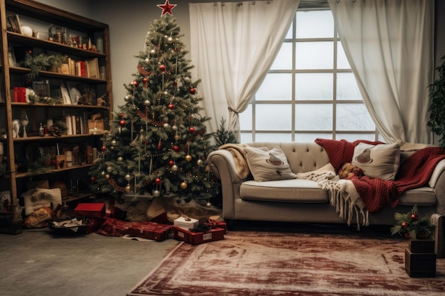 Ein Wohnzimmer, das für die Aufstellung des Weihnachtsbaums vorbereitet ist