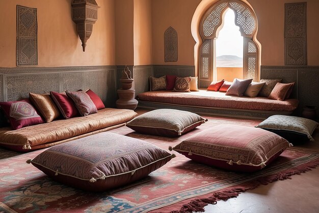 Foto ein wohnzimmer in marokkanischem stil mit fußbodenkissen und kunstvoll gemusterten teppichen
