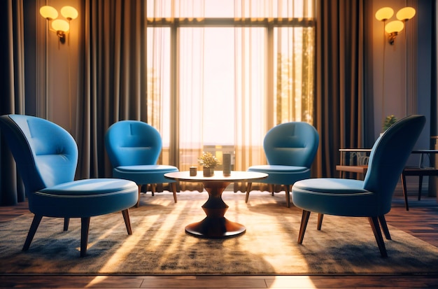 Ein Wohnzimmer mit blauen Stühlen und einem Tisch