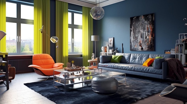 Ein Wohnzimmer mit blauen Wänden und einer blauen Wand mit einer Couch und einem Couchtisch.