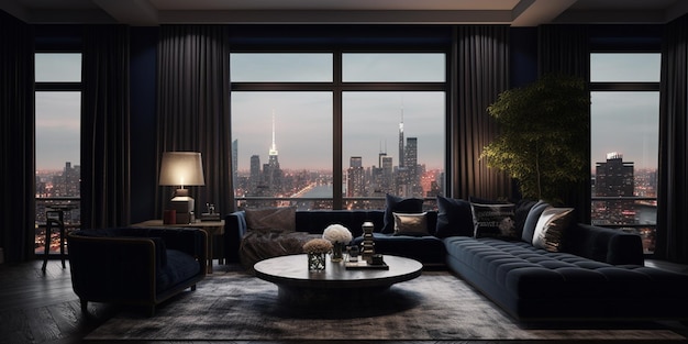 Ein Wohnzimmer mit Blick auf Manhattan bei Nacht.