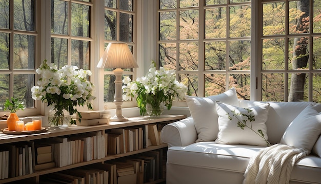 ein Wohnzimmer mit Büchern und Blumen auf einem Tisch