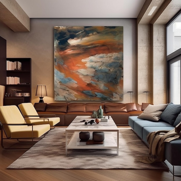 ein Wohnzimmer mit Couch, Couchtisch und einem Gemälde an der Wand.