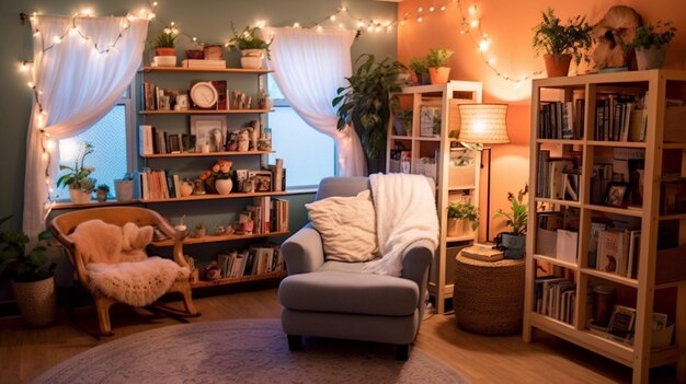 Ein Wohnzimmer mit Couch, Stuhl und Bücherregal mit einer Lampe an der Wand.