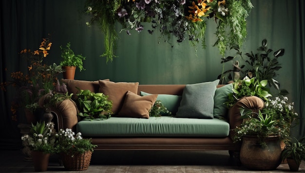 Ein Wohnzimmer mit Couch und Pflanzen