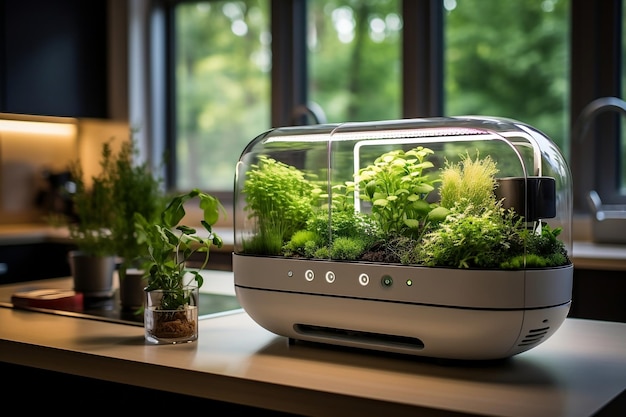 Ein Wohnzimmer mit einem Aquarium auf einem Tisch AI