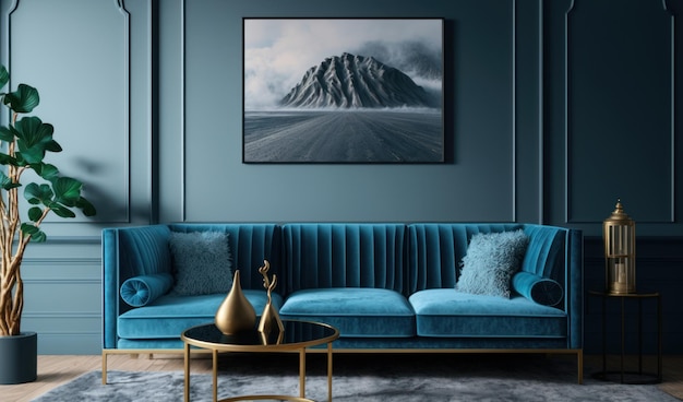 Ein Wohnzimmer mit einem blauen Sofa und einem Bergbild an der Wand.