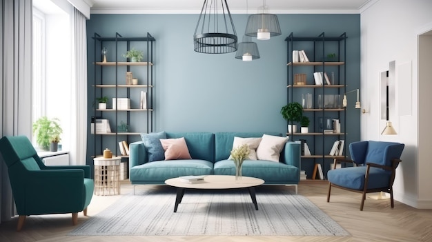 Ein Wohnzimmer mit einem blauen Sofa und einem weißen Tisch mit Bücherregalen.