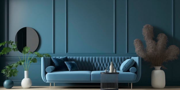 Ein Wohnzimmer mit einem blauen Sofa und einer Lampe.